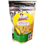 Khunmaeju Durian Chips, crispy Thai durian snack in a clear bag, showcasing golden fruit slices and crunchy texture.