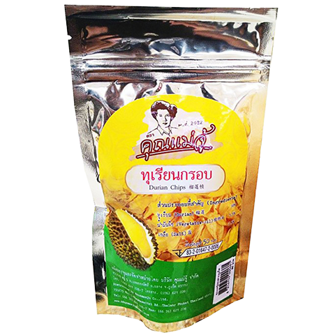 Khunmaeju Durian Chips, crispy Thai durian snack in a clear bag, showcasing golden fruit slices and crunchy texture.