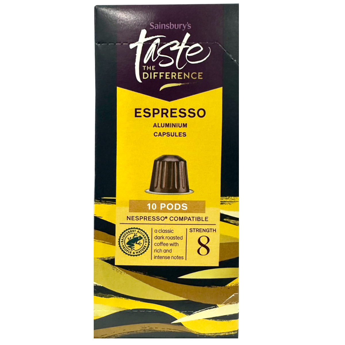 Sainsbury's Taste The Difference espresso coffee pods, 10-pack, ready for brewing in a coffee machine.