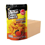 O-YUA Crispy Fried Shrimp Chin Snack in sweet chili flavor, showing golden fried shrimp pieces in a clear snack package.