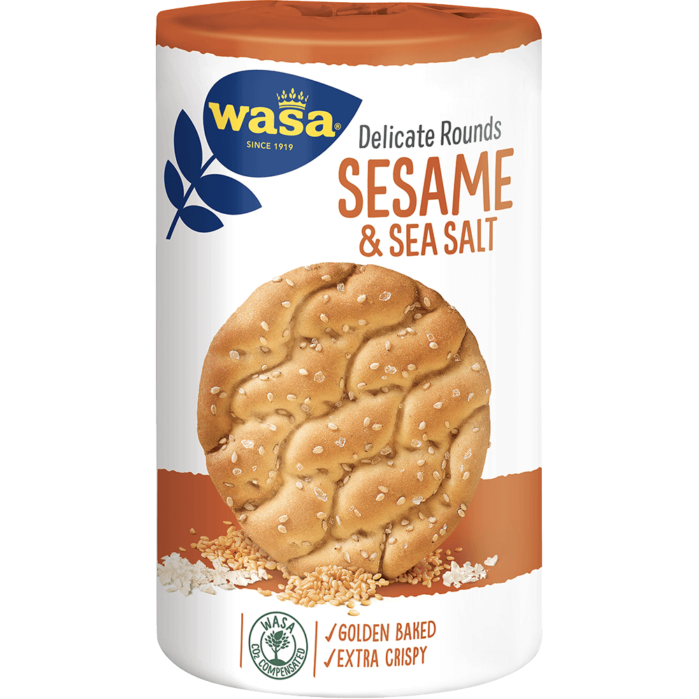 Wasa Sesame & Seasalt Cracker, a crispy snack with sesame seeds and sea salt topping, in a clear packaging.