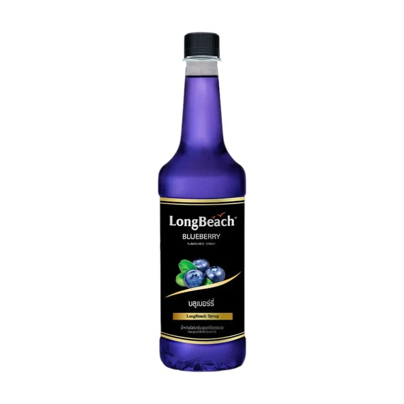 LongBeach Blueberry Syrup bottle from dry grocery section, featuring a blue and white label with blueberries and syrup imagery.