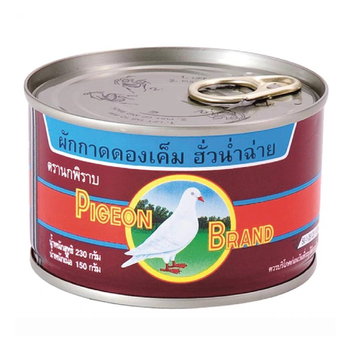 Pigeon pickled mustard jar from the grocery section, featuring a white label with yellow mustard and green accents.