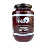 Jar of The Serial Pickler pickled beetroot with bright red beets visible in clear glass container, ready for grocery purchase.