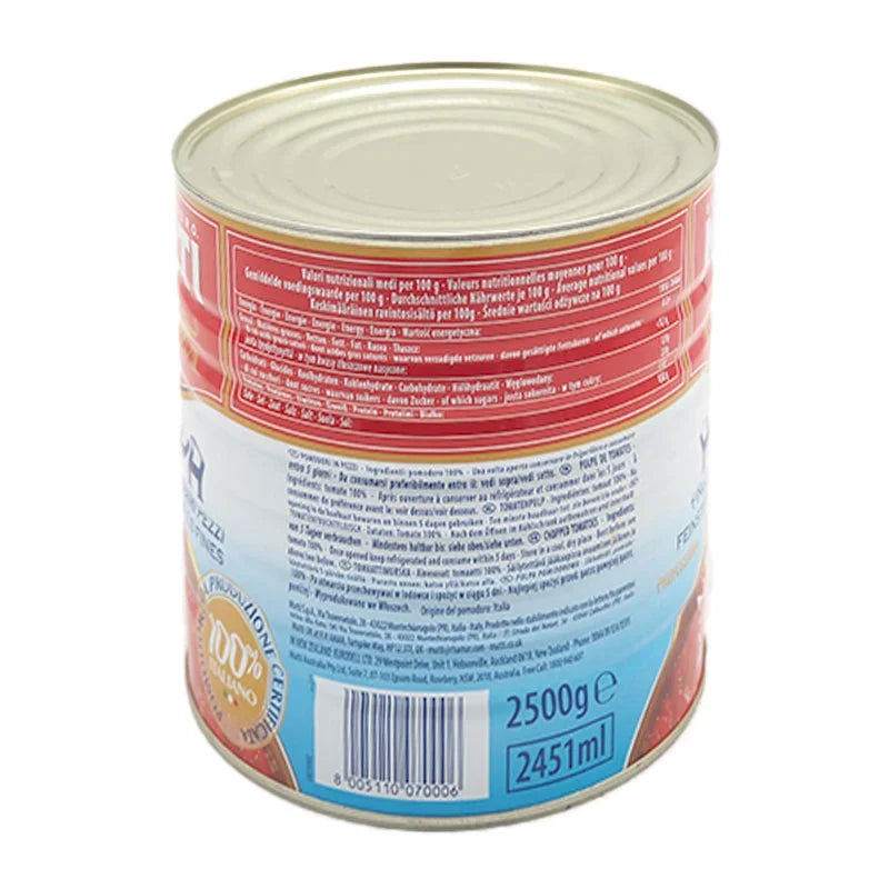 Mutti Pomodoro 2.5kg canned tomato product, dry grocery item from MUTTI, with bright red tomatoes in a can.