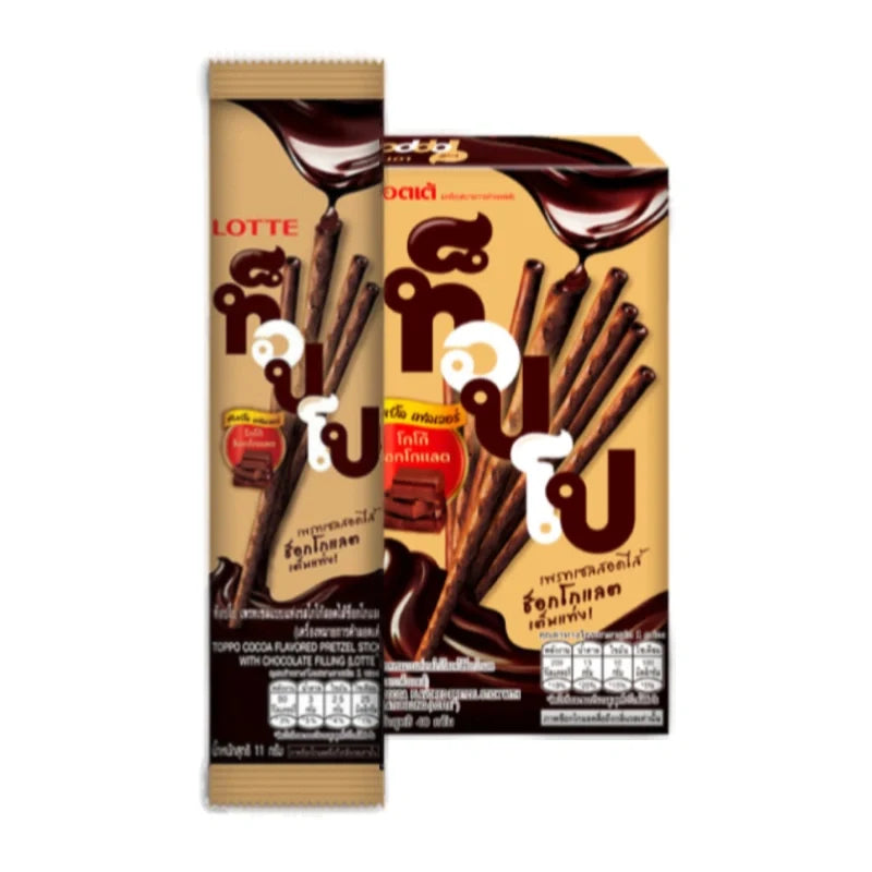 Toppo Biscuit Cocoa snack, 11g, showing crispy chocolate-filled sticks from the TOPPO brand in a colorful package.