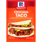 McCormick Chicken Taco seasoning packet for flavorful taco dishes, featuring colorful packaging with chicken and spice illustrations