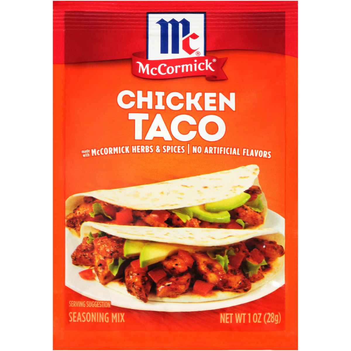 McCormick Chicken Taco seasoning packet for flavorful taco dishes, featuring colorful packaging with chicken and spice illustrations