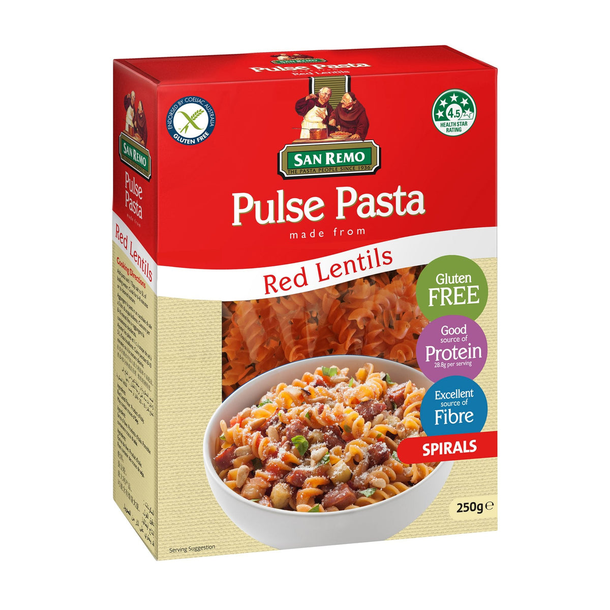San Remo Red Lentils Spirals in a clear bowl, showcasing the bright red, spiral-shaped pasta on a white background.