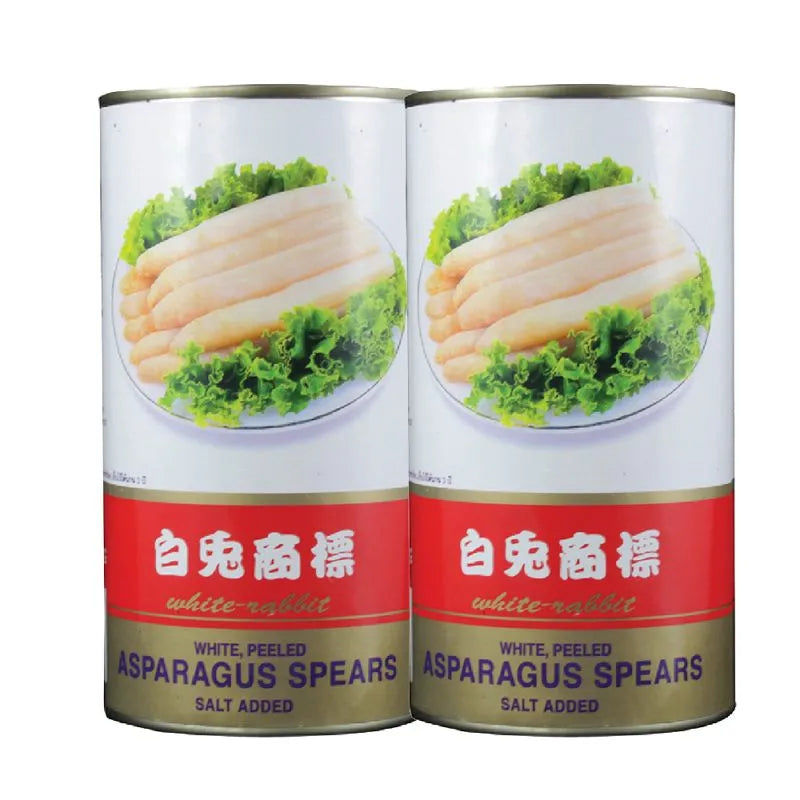 Canned Goody Asparagus in brine, 800g x 2, dry grocery product showing glossy asparagus spears in metal cans