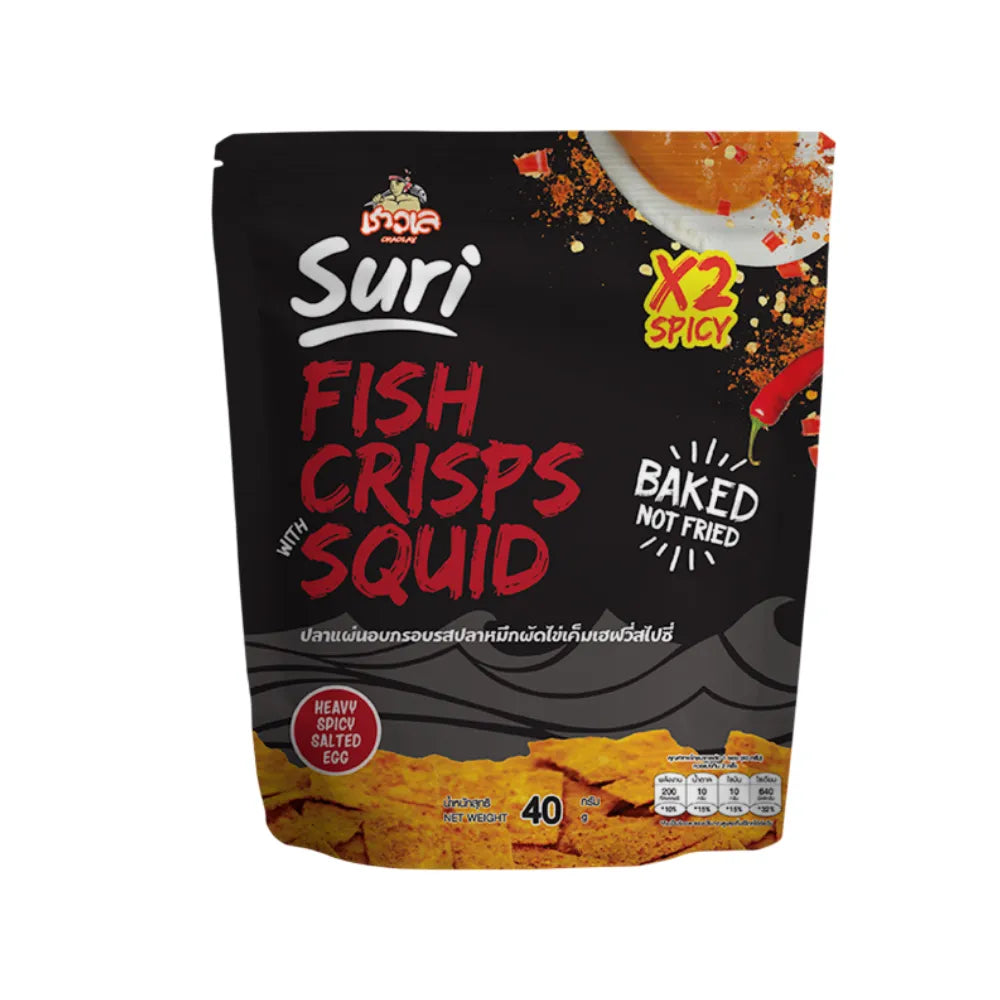 Chaolay Fish Crisps with Squid, 40g packs, showing crispy snack with squid pieces, part of CHAOLAY's seafood snack selection.