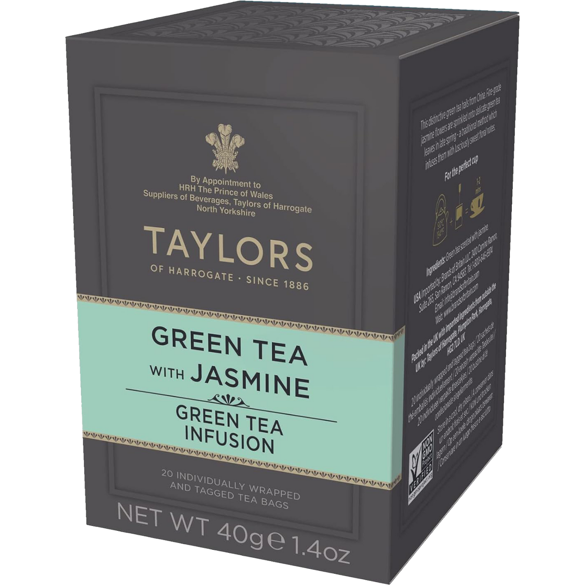 Taylors Of Harrogate green tea with jasmine in a clear glass cup, showcasing the fragrant tea infusion with jasmine flowers.