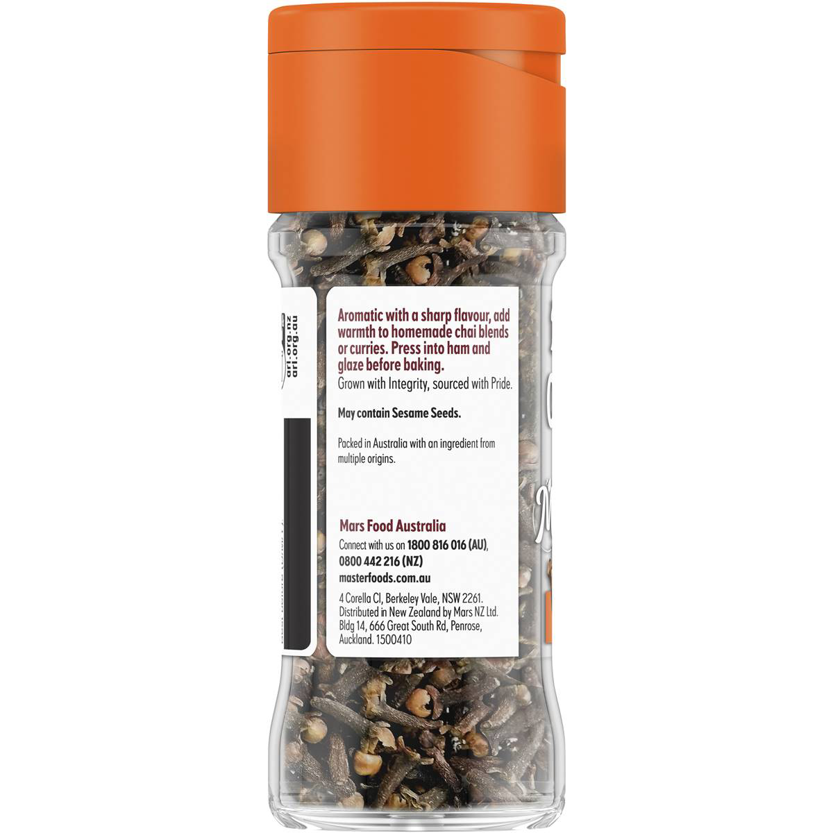 Whole Cloves from Masterfoods, dried aromatic spice in a clear container for culinary use.