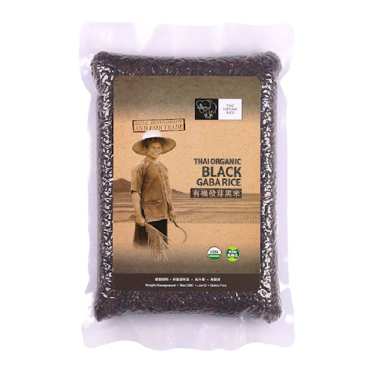 Chang Thai Organic Black Gaba Rice in a grocery package, showcasing the black rice grains and packaging details.