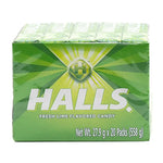 Halls Candy Fresh Lime lozenges in a clear plastic bag, 20-piece package, with bright green and white branding details.
