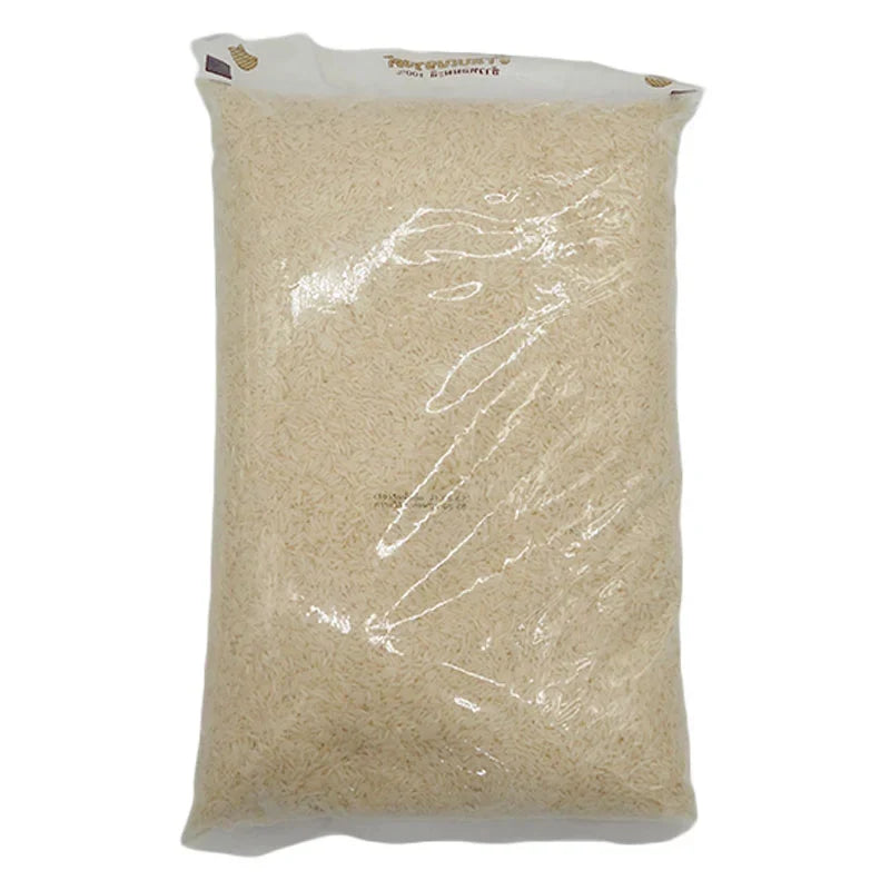 Benjarong Jasmine Rice 100% dry grocery, 5kg bag displaying white jasmine rice grains in a clear package.
