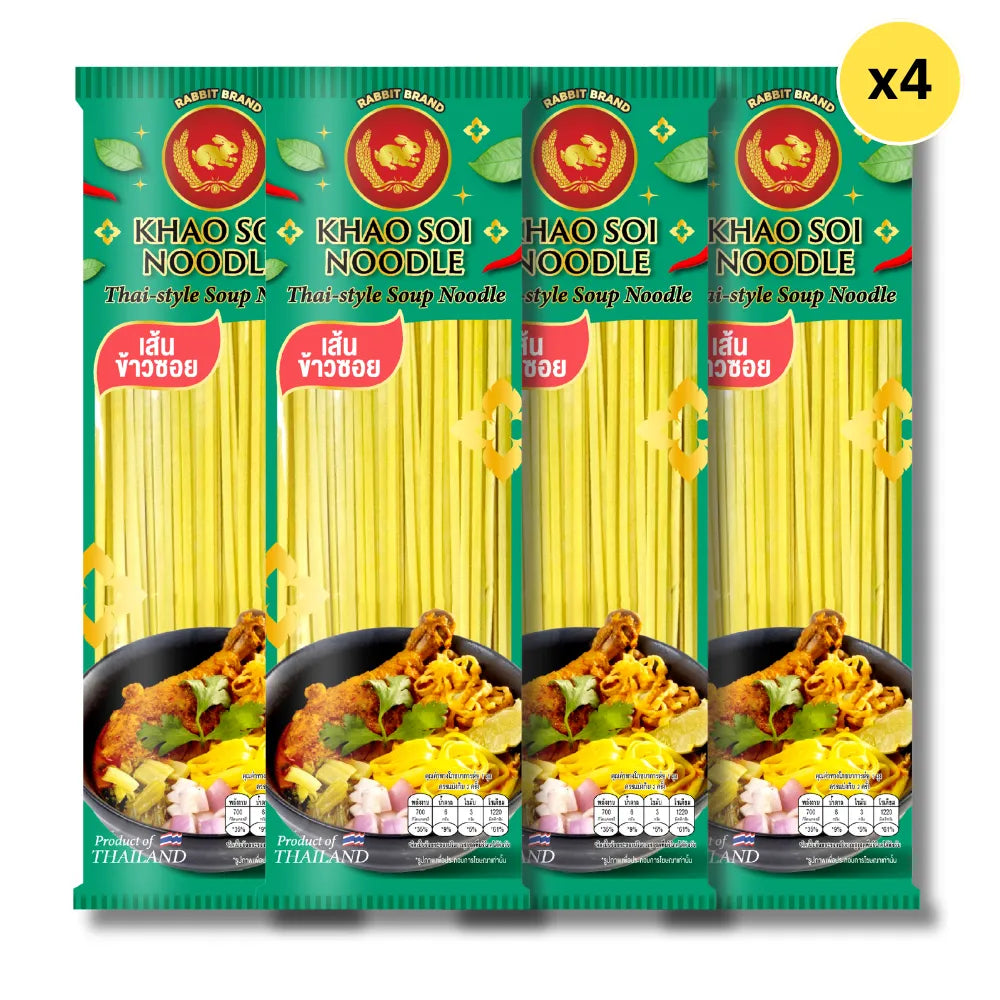 Dry grocery image of Rabbit Brand Khao Soi noodles 200g, packaged dried noodles from Rabbit Brand for authentic Thai cuisine.