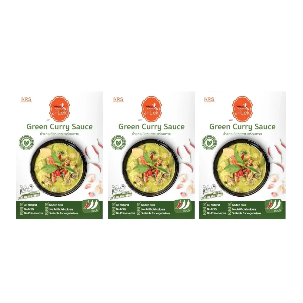 J-LEK Green Curry Paste Packets, 250g, dry grocery product with vibrant green curry paste in sealed packets.