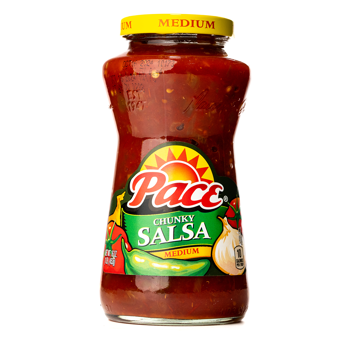 Medium Pace Chunky Salsa in a jar, featuring fresh tomatoes, peppers, and herbs, perfect for dipping or topping dishes.