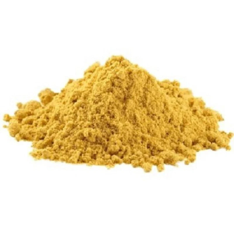 Brook Mustard Powder 50g in a clear plastic container, showing bright yellow dry mustard powder for cooking and seasoning.
