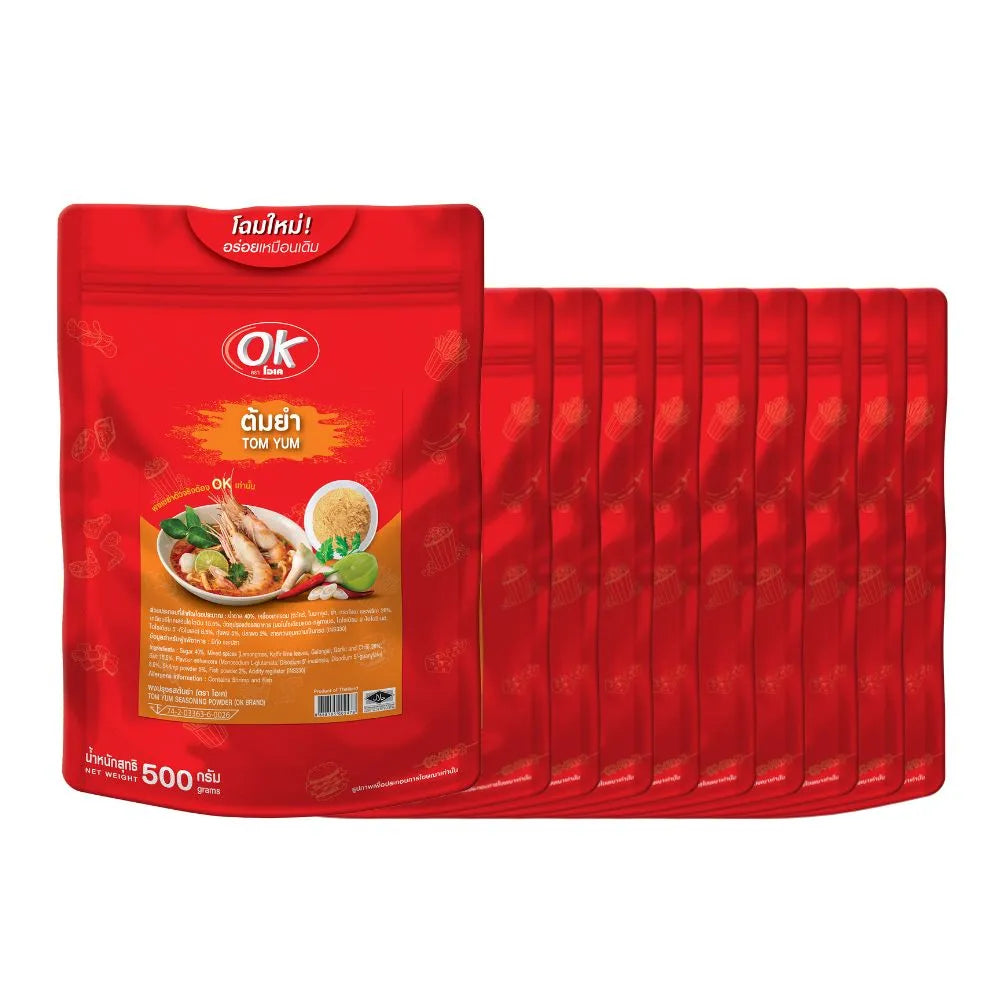 OK Shake Powder Tom Yum flavor in a 500g package, dry grocery supplement with spicy Thai flavors, shown in the image.