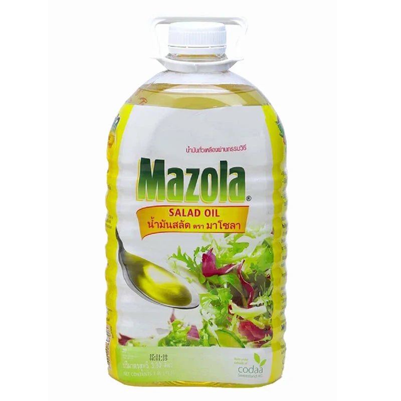 Mazola Salad Oil 3.3L bottle, clear container showing golden-colored vegetable oil, ideal for salads and cooking.