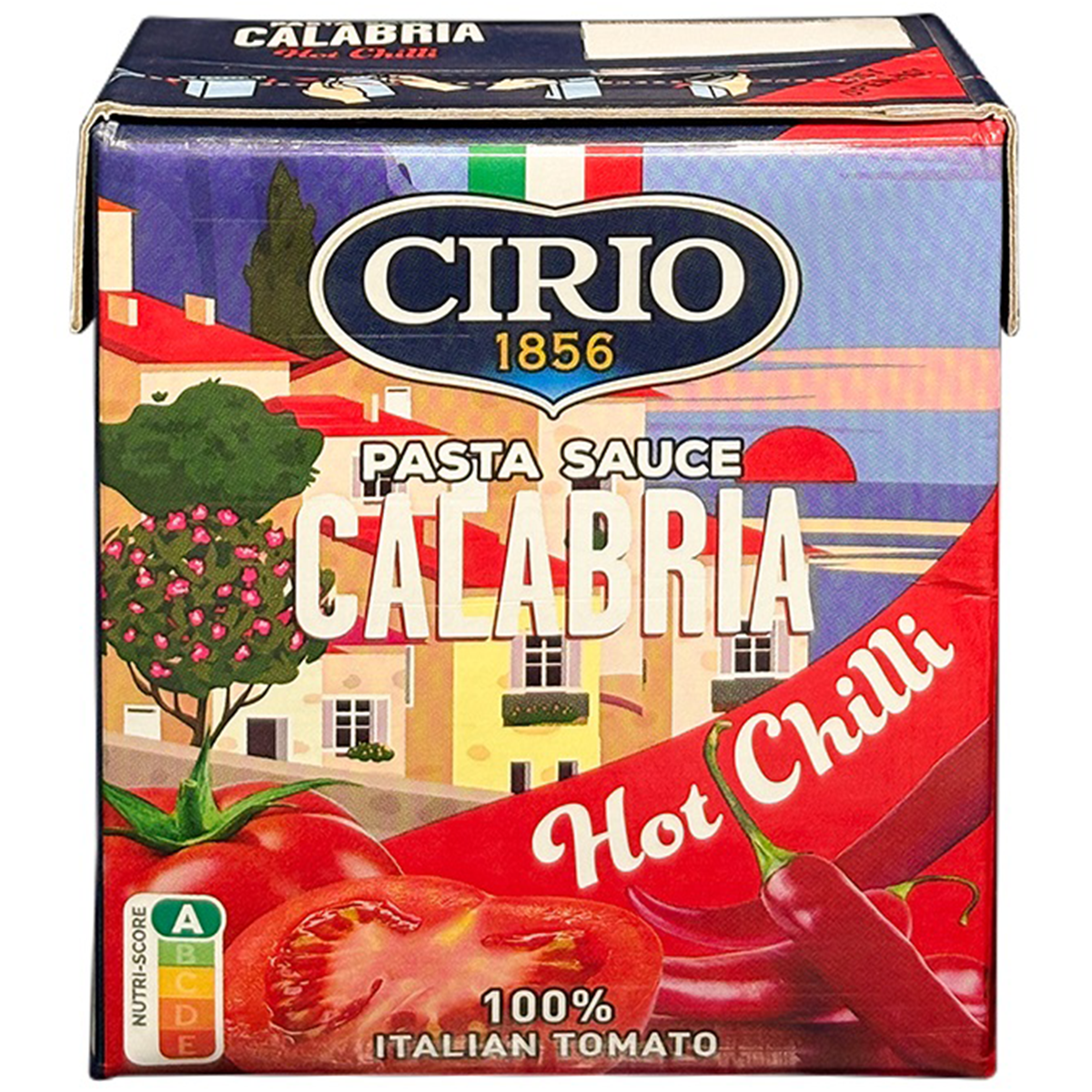 Cirio Calabria Hot Chilli Pasta Sauce in a jar, showcasing vibrant red chili peppers and rich tomato sauce with herbs.