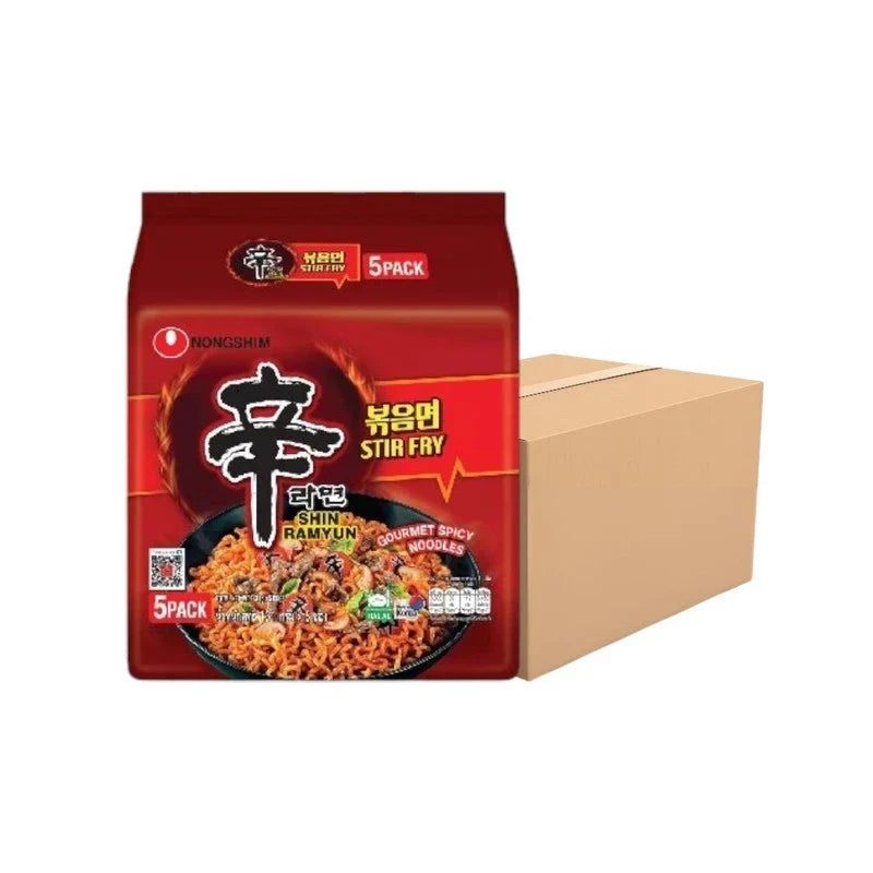 Nongshim Shin Ramyun Stir Fry dry grocery package with colorful noodle stir-fry dish on a plate, showcasing Korean instant noodles.