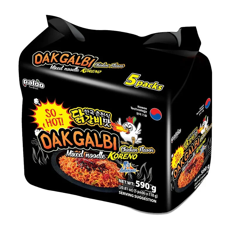 Paldo Koreno Dakgalbi chicken instant noodles in a 118g pack, displayed as a dry grocery product with colorful packaging.