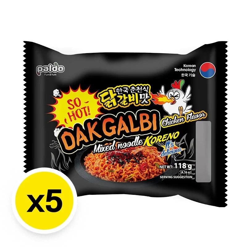 Paldo Koreno Dakgalbi Chicken Instant Noodles in 118g packs, dry grocery product with spicy chicken flavor and noodles in a bowl