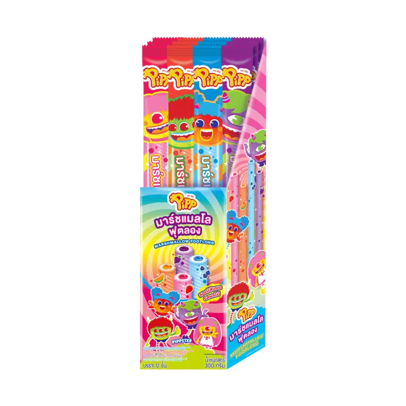 Pipp Marshmallow Foot Long Strawberry Flavor snack box with 12 pieces, 25g each, from Pipp dry grocery confectionery.