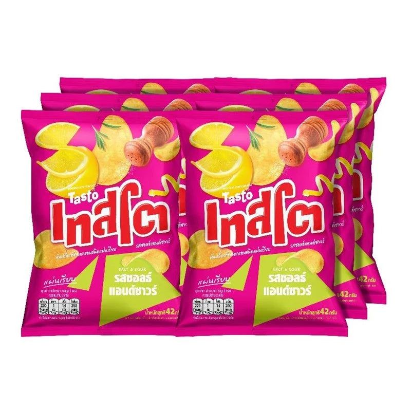 Tasto Crispy Potato Chips Salt and Sour flavor in 42g pack, stacked in a box, ideal for dry grocery snack selection