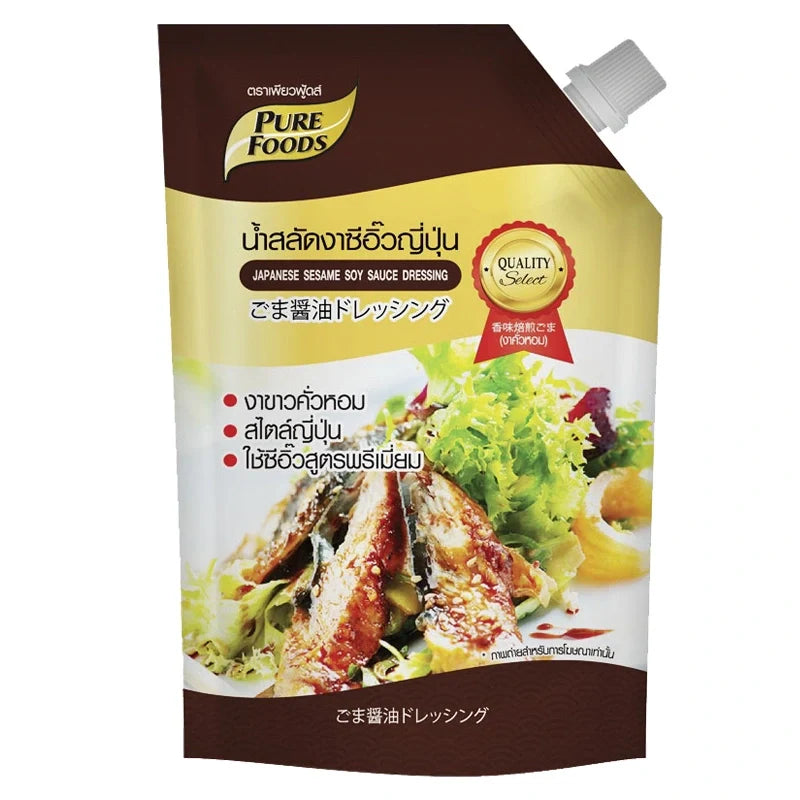 Pure Foods Japanese Sesame Soy Sauce Dressing in 850g bottle, ideal for salads and Asian dishes, featuring sesame and soy flavors.