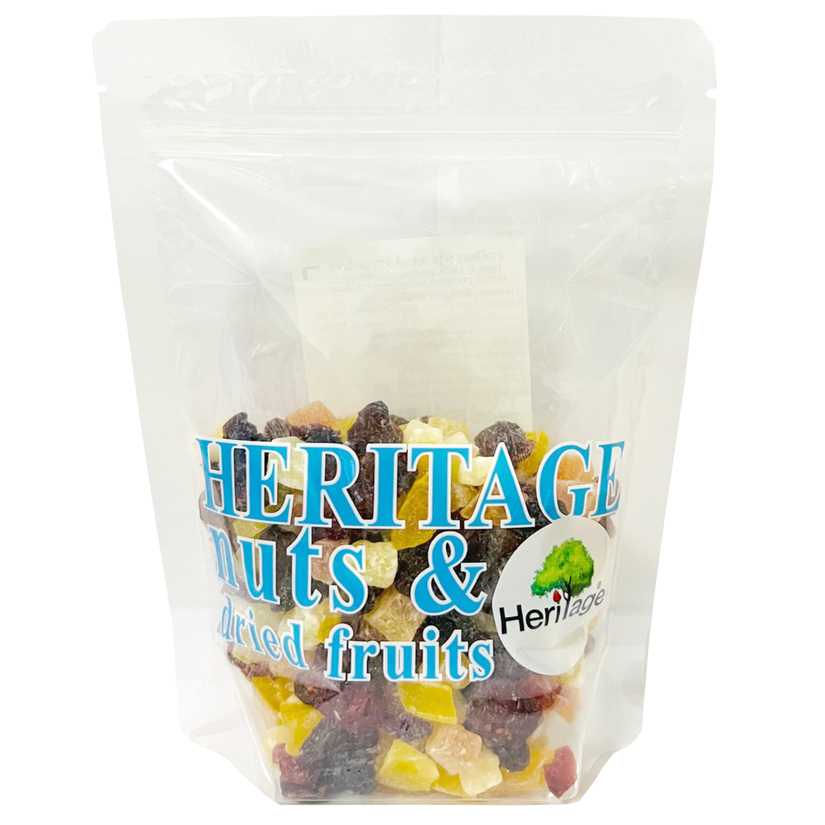 Heritage Tropical Fruits Blend confectionery snacks featuring a colorful mix of dried tropical fruit pieces in a clear bowl.