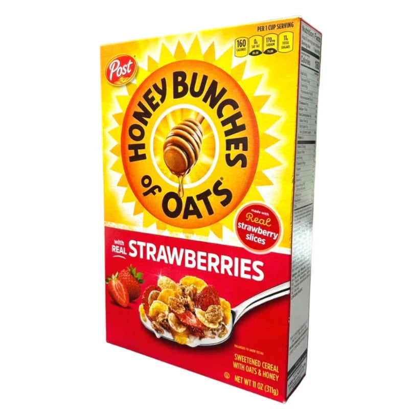 Post Honey Bunches of Oats with Strawberry cereal box, dry grocery product with colorful packaging and images of strawberries and oats