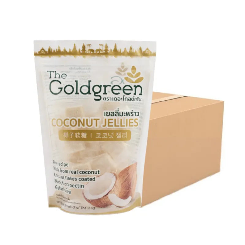 Goldgreen Coconut Jelly Jellies snack in a 200g package, showing colorful coconut-flavored confectionery pieces.