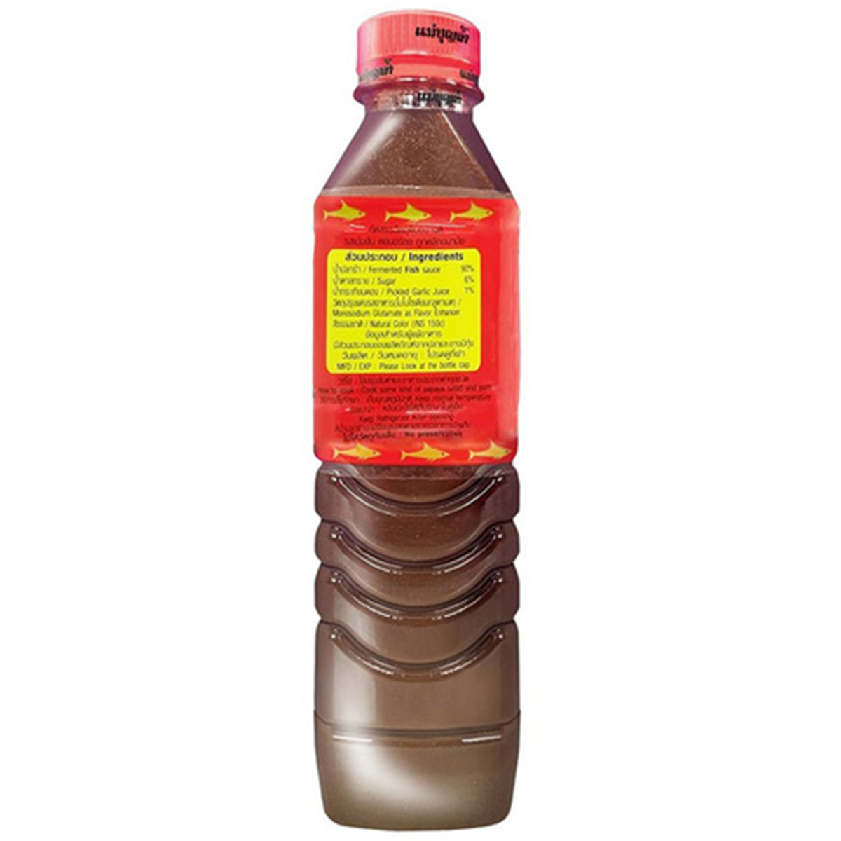 Maeboonlam Pasteurized Anchovy Sauce in red bottle, popular Thai grocery item, with label and sauce visible.