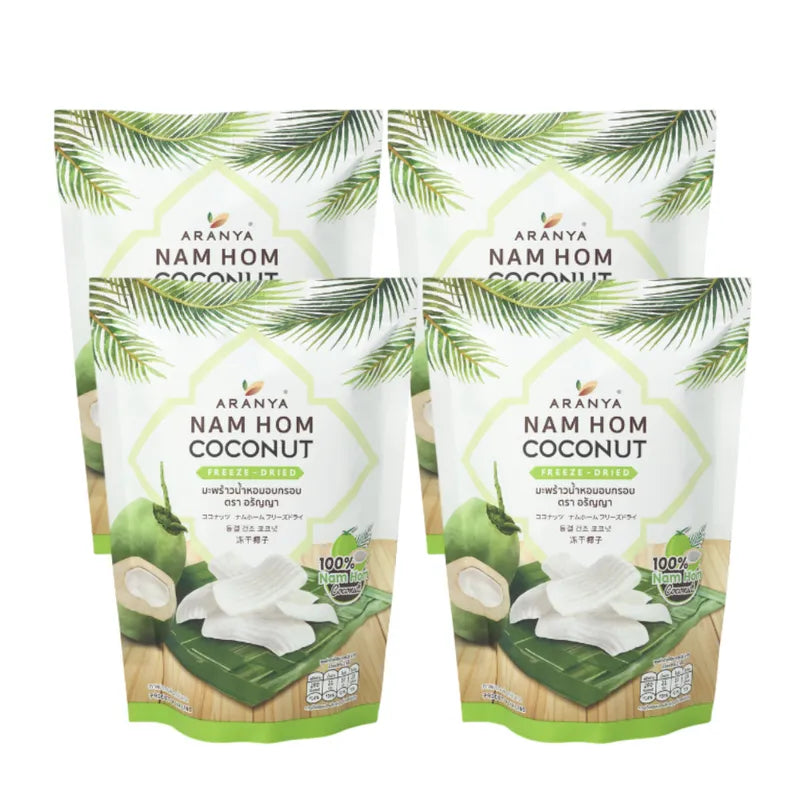 Aranya Crispy Coconut Nam Hom freeze-dried snack in 50g pack, showing golden, crispy coconut pieces in a clear package.