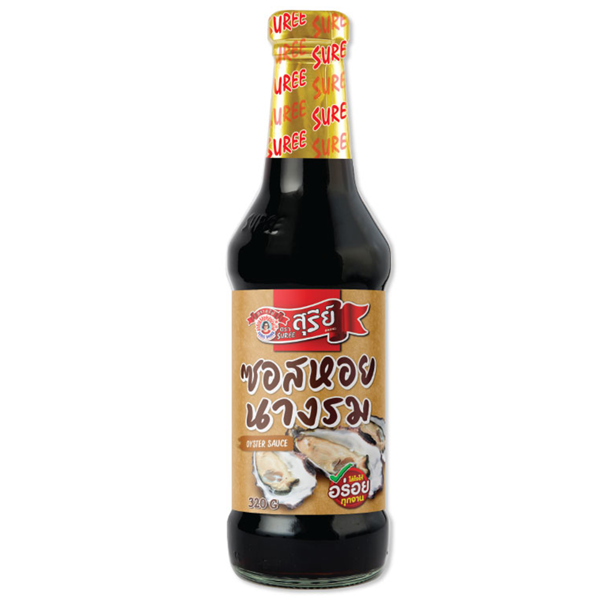 Bottle of Suree Oyster Sauce for cooking, featuring the label and clear packaging, ideal for Asian cuisine recipes.