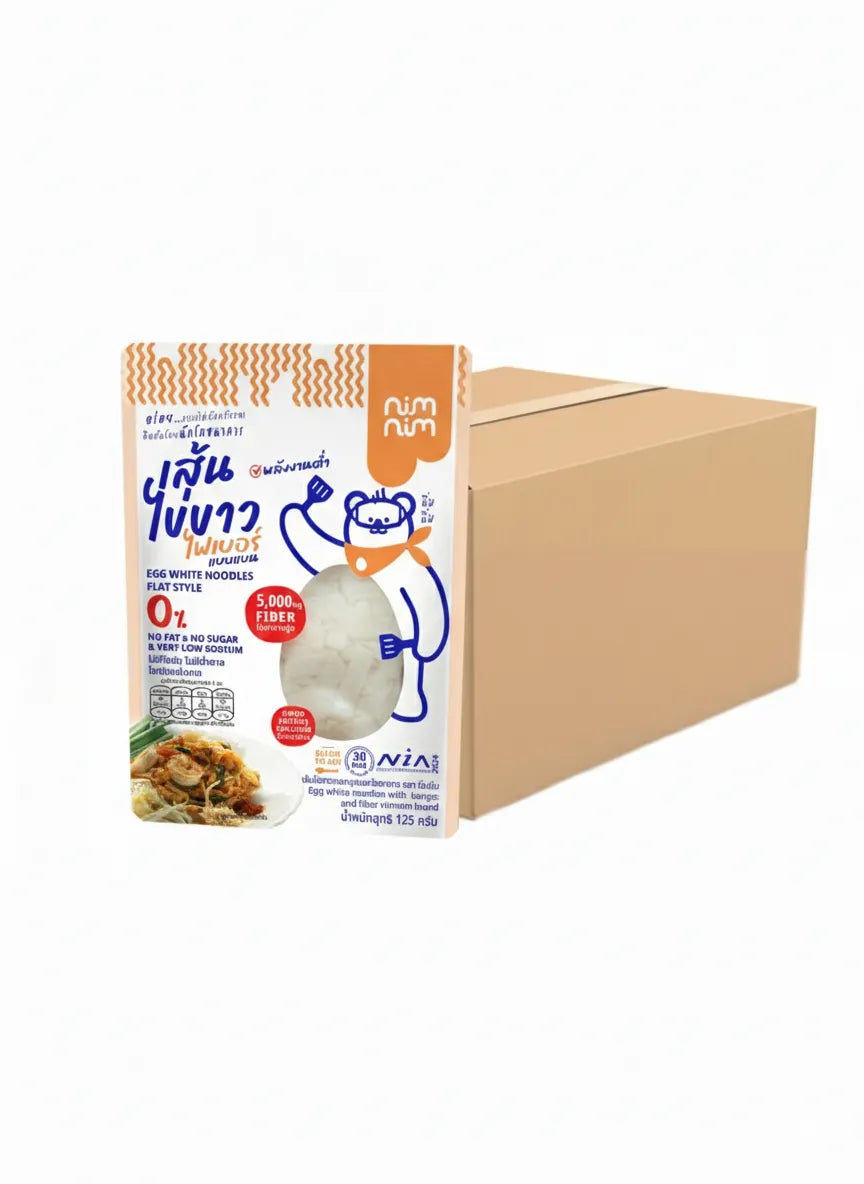Dry grocery image of Nimnim Egg White Fiber Noodles Flat, low calorie high fiber noodles in 125g package, brand NIMNIM.