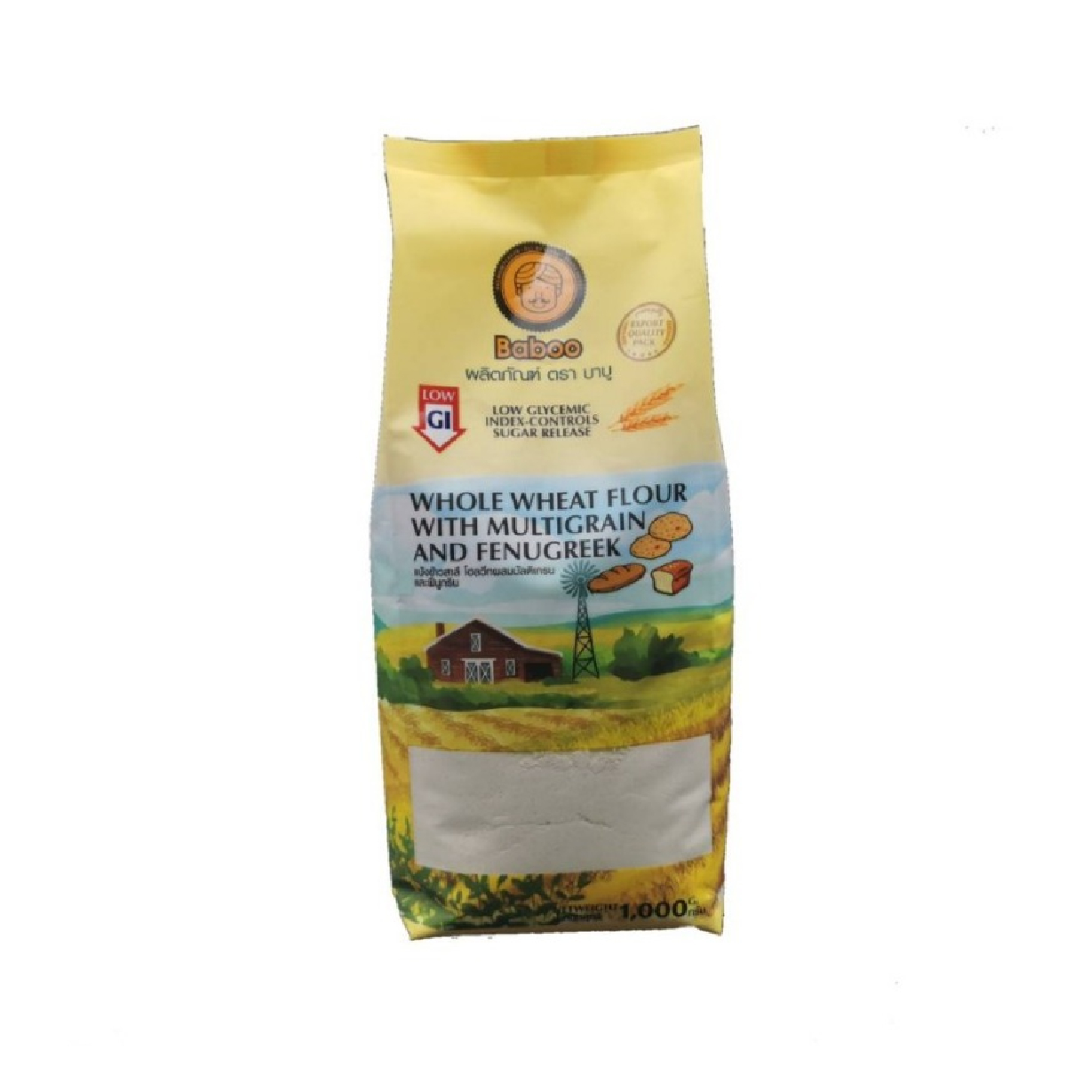 Baboo Whole Wheat Flour with Multigrain in a grocery package, showcasing the product label and multigrain ingredients.