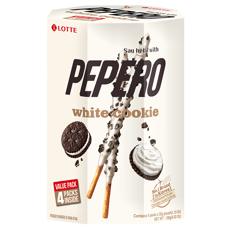 Lotte Pepero White Cookie confectionery snack with crunchy biscuit sticks coated in white chocolate, displayed in a close-up image.