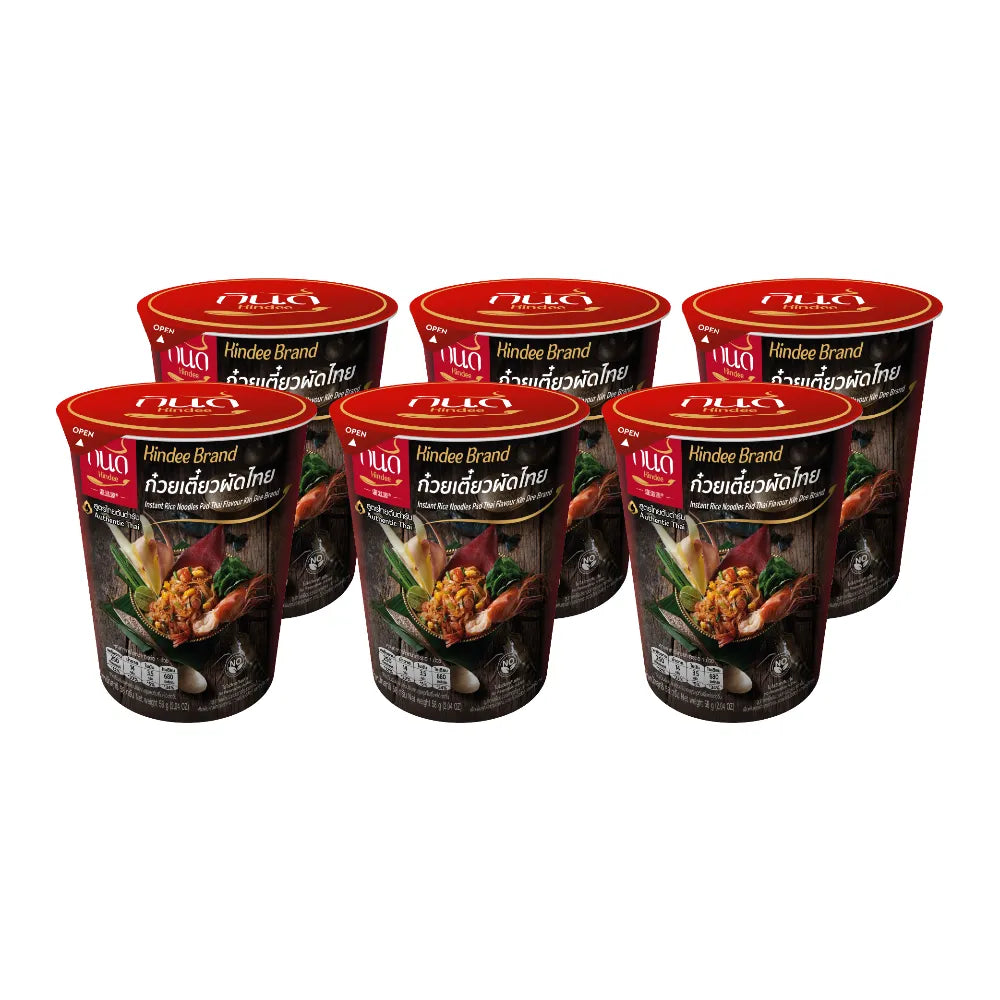 Kindee Pad Thai Cup 58g, dry grocery product showing a packed cup of Thai noodle dish with chopsticks and fresh ingredients.