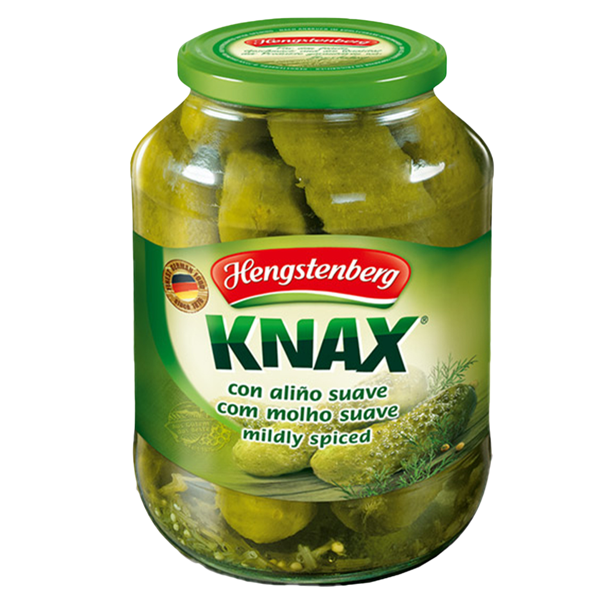 Hengstenberg Knax Crunchy Gherkins in a glass jar, showcasing fresh, crisp pickled cucumbers with the Hengstenberg brand label.