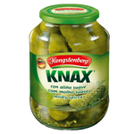 Hengstenberg Knax Crunchy Gherkins in a glass jar, showcasing fresh, crisp pickled cucumbers with the Hengstenberg brand label.