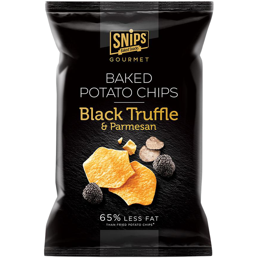 Snips Black Truffle and Parmesan baked potato chips in a bowl, showcasing the crispy snack with rich black truffle and Parmesan flavor.