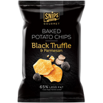Snips Black Truffle and Parmesan baked potato chips in a bowl, showcasing the crispy snack with rich black truffle and Parmesan flavor.