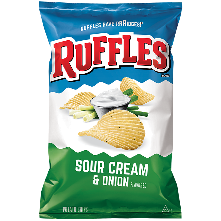 Ruffles Sour Cream & Onion Potato Chips in a bowl, showing ridged snack chips with creamy onion flavor.