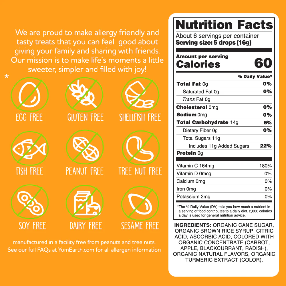 YumEarth Organic Citrus Grove Vitamin C Drops candies in colorful packaging, showcasing citrus-flavored confectionery snacks.