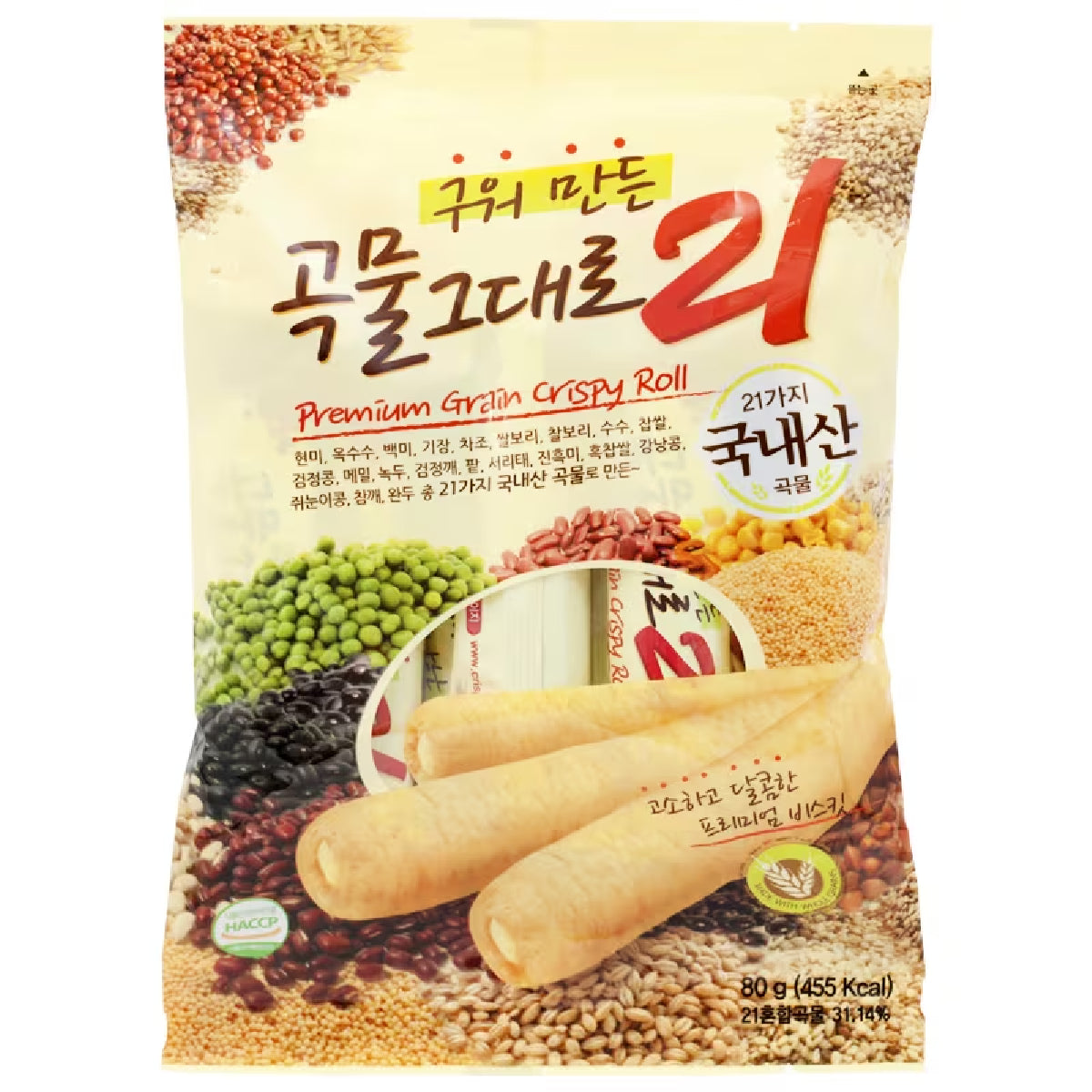 Gaemi Premium Grain Crispy Roll, a crunchy confectionery snack with a golden-brown, textured surface.